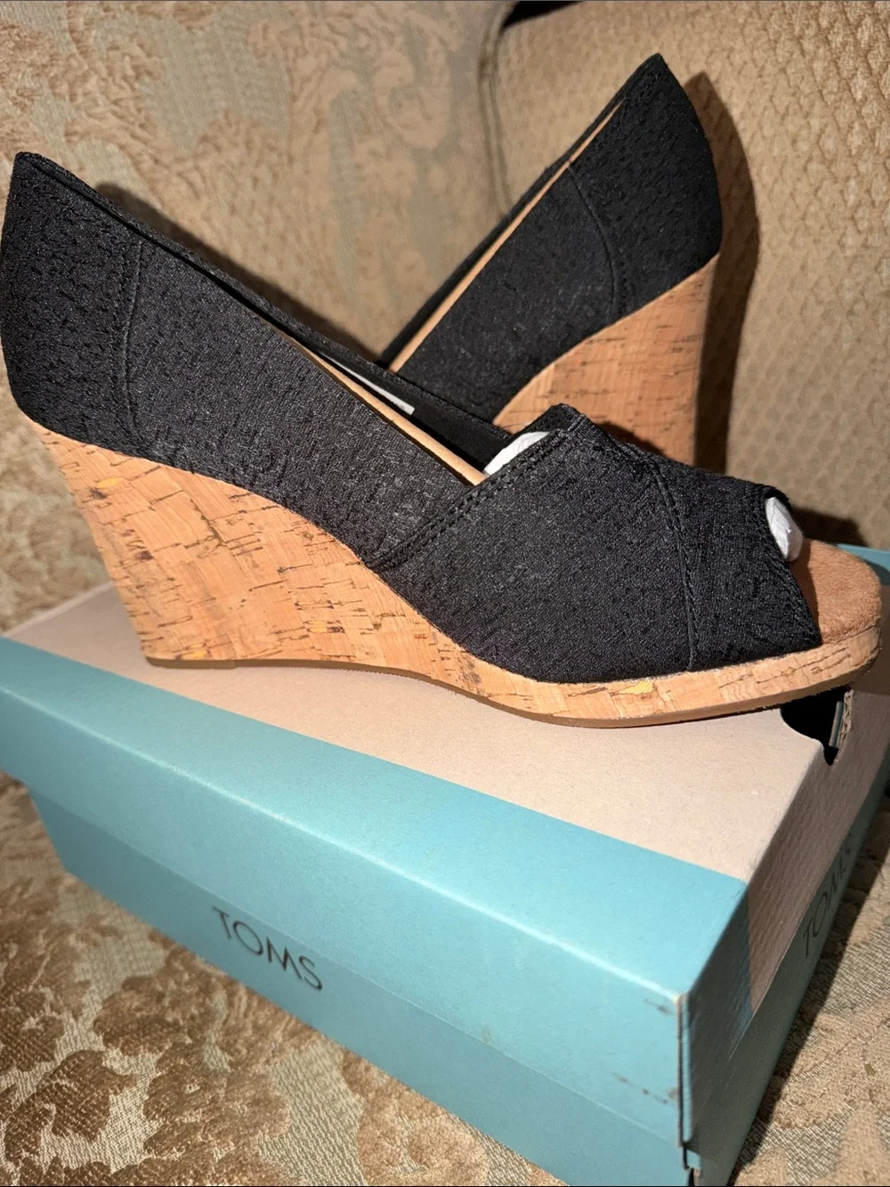 Toms Black Canvas Cork Wedge Peep-Toe Heels